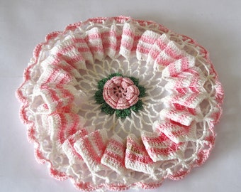 Vintage Crocheted Canister Cover Pink White