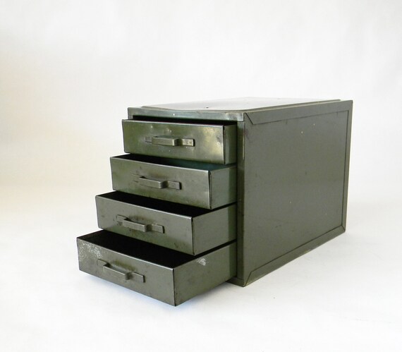 Small Vintage Metal Four Drawer Storage Cabinet Table Top Etsy