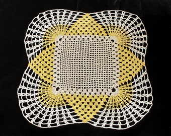 Vintage Yellow White Ecru Crocheted Doily