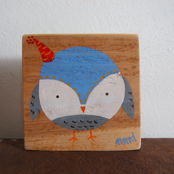 Party Hat Owl Sign in Reclaimed Wood - Rustic Children's Room Artwork - Handpainted Original Nursery Art - Blue, Gray and White