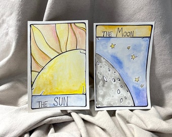 Sun - Moon - Tarot Card Art - Pair of Paintings on Watercolor Paper - Each 6 inch x 9 inch - Flat Unframed Original Art - Sun & Moon