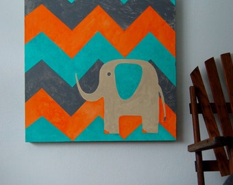 Elephant with Chevron - Original Canvas Painting - 24 inch x 24 inch - Children's Room - Nursery Artwork - Ivory, Turquoise, Orange and Gray