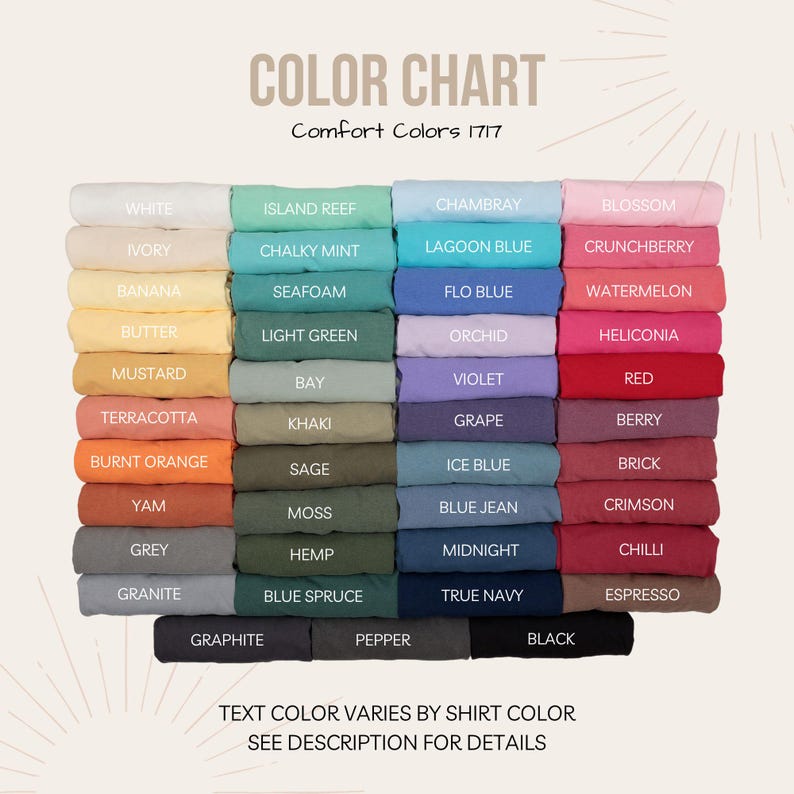 Peut inclure: Nuancier de t-shirts Comfort Colors 1717, pr&eacute;sentant une vari&eacute;t&eacute; de teintes. Le nuancier affiche un spectre de couleurs, dont blanc, ivoire, banane, beurre, moutarde, terre cuite, orange br&ucirc;l&eacute;, igname, gris et granit. Le texte en haut indique "COLOR CHART".