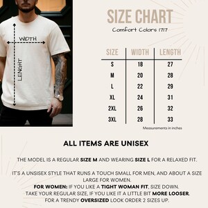 Peut inclure: Un t-shirt unisexe cr&egrave;me avec un tableau des tailles. Le tableau indique les tailles S &agrave; 3XL, avec les mesures de largeur et de longueur en pouces. Le texte indique que les articles sont unisexes et fournit des conseils de taille.