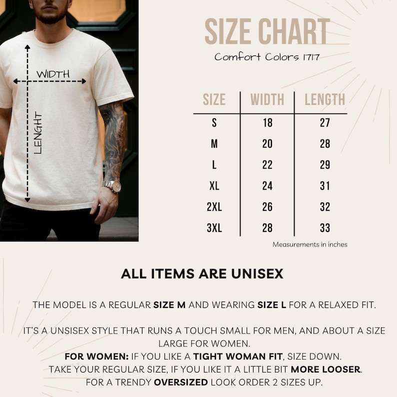 Peut inclure: Un t-shirt unisexe cr&egrave;me avec un tableau des tailles. Le tableau indique les tailles S &agrave; 3XL, avec les mesures de largeur et de longueur en pouces. Le texte indique que les articles sont unisexes et fournit des conseils de taille.