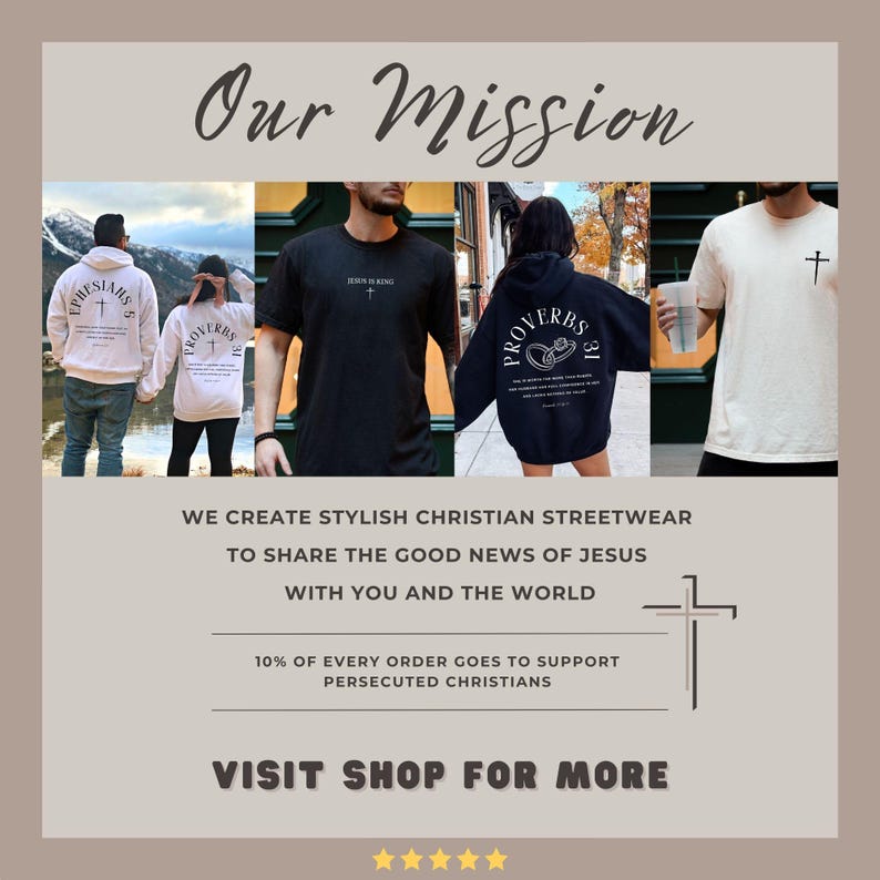 Peut inclure: Image promotionnelle pr&eacute;sentant des t-shirts et des sweats &agrave; capuche avec des motifs chr&eacute;tiens. Le texte comprend "Our Mission", "Ephesians 5", "Proverbs 31", et "Jesus is Kind". L'image indique &eacute;galement "We create stylish Christian streetwear".