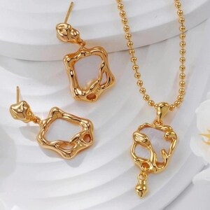 Modern Irregular White Shell Earrings and Necklace Set, 18K Gold Plated 925 Silver, Baroque Mother of Pearl Jewelry, Minimalist Gift for Her