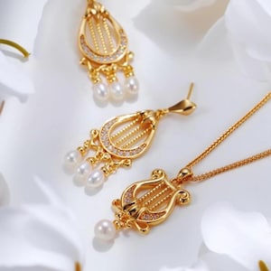 Harfe Perlen Schmuck Set, 18K Gold Vermeil auf S925 Silber, barocke Süßwasser Perle Ohrringe & Halskette, eleganter Brautschmuck, Geschenk für Sie