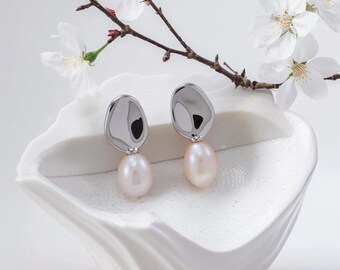 Baroque Freshwater Pearl Earrings – 18K Gold or Silver Plated Studs, Irregular Modern Design, Bridal Gift, Elegant Dangle Earrings for Her