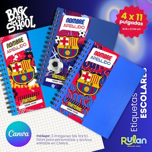 Puede incluir: Cuadernos con espiral, con el logo FCB y gráficos de balones de fútbol. Los cuadernos son azules, rojos y blancos, con el texto "NOMBRE APELLIDO" y "MATERIA". Cada cuaderno mide 10,16 x 27,94 cm.