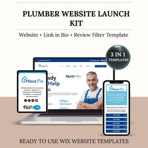 May include: A plumber website launch kit with the text "PLUMBER WEBSITE LAUNCH KIT". The kit includes a website, link in bio, and review filter template. The image shows a laptop, tablet, and smartphone with the "Ghouz Fix" logo.