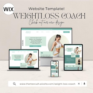 Op de afbeelding: Website-sjabloon voor een gewichtsverliescoach. De sjabloon heeft een groen-wit kleurenschema met een citaat over transformatie. De website wordt weergegeven op een laptop, tablet en telefoon.