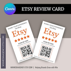 May include: Two white rectangular Etsy review cards featuring the orange Etsy logo, five orange stars, and a black QR code. The text reads SHARE YOUR EXPERIENCE On Etsy, SCAN QR CODE TO LEAVE US A REVIEW, and includes a website URL at the bottom.