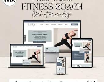 May include: Website template for a fitness coach, featuring a laptop, tablet, and smartphone displaying a website with the text "Bella Fitness Coach" and the tagline "Strive. Transform. Achieve." The website has a modern design with a gray and white color scheme.