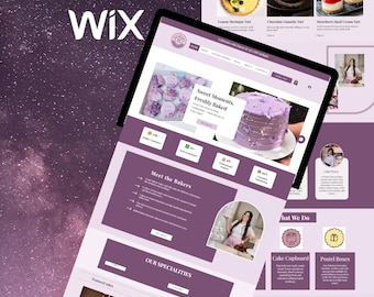 May include: A website design for a bakery, displayed on a tablet. The site features images of cakes and tarts, with a purple and white color scheme. Text includes "Sweet Moments, Freshly Baked" and "Cake Cupboard".