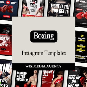 Puede incluir: Una colección de plantillas de Instagram con temática de boxeo. El diseño central presenta la palabra "Boxing" en un rectángulo negro, con "Instagram Templates" debajo. Las plantillas circundantes muestran combates de boxeo y citas motivacionales.