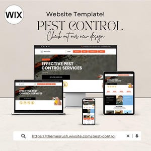 Könnte beinhalten: Website-Vorlage für ein Schädlingsbekämpfungsunternehmen. Das Website-Design verfügt über ein rot-schwarzes Farbschema mit dem Text "Effektive Schädlingsbekämpfungsdienste" auf einem Desktop-Computer, einem Tablet und einem Mobiltelefon.