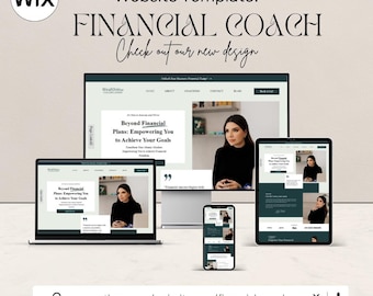 May include: Website template for a financial coach. The template features a dark green and white color scheme with a woman in a black shirt. The text "Beyond Financial Plans: Empowering You to Achieve Your Goals" is displayed on the website.