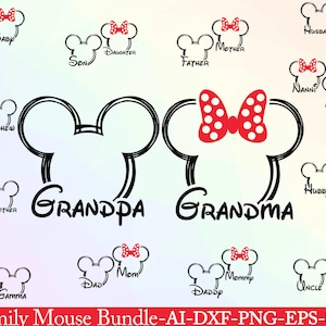 May include: A digital graphic featuring Mickey and Minnie Mouse silhouettes with family-related text. The image includes the words "Grandpa" and "Grandma" with various family member titles like "Son," "Daughter," and "Mommy."