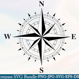 Könnte beinhalten: Schwarz-weiß Kompassrose mit Richtungsmarkierungen für Norden, Süden, Osten und Westen. Der Kompass hat ein sternförmiges Design in der Mitte und ist von einem kreisförmigen Rand umgeben. Der Text "Compass SVG Bundle-PNG-JPG-SVG-EPS-DXF" befindet sich unten.