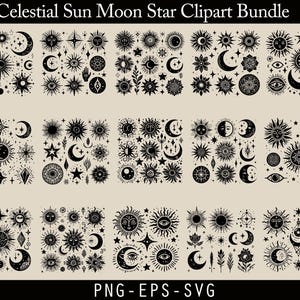 Puede incluir: Conjunto de imágenes prediseñadas celestiales en blanco y negro con soles, lunas, estrellas y otros elementos celestiales. El texto "Celestial Sun Moon Star Clipart Bundle" está en la parte superior y "PNG - EPS - SVG" en la parte inferior.