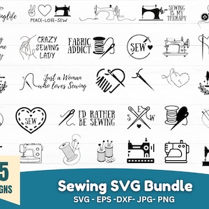 Puede incluir: Una colección de 25 diseños SVG con temática de costura en blanco y negro. Los diseños incluyen máquinas de coser, carretes de hilo, agujas y texto como "Sewing makes me happy" y "Fabric Addict". La imagen también incluye el texto "Sewing SVG Bundle".