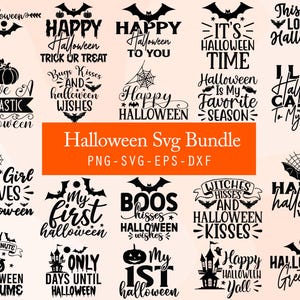 May include: A collection of black Halloween-themed SVG designs with various phrases and graphics, including bats, pumpkins, and spiderwebs. Text includes "Happy Halloween," "Trick or Treat," and "It's Halloween Time."