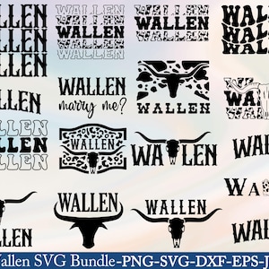 Könnte beinhalten: Eine Sammlung von schwarz-weißen SVG-Designs mit dem Wort "WALLEN" in verschiedenen Schriftarten und Stilen. Einige Designs enthalten Bullenschädel und Western-Elemente. Das Bild enthält auch den Text "Wallen SVG Bundle".