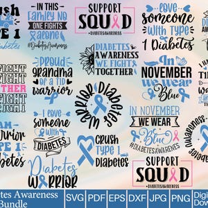 May include: A collection of digital designs with text related to diabetes awareness. The designs feature phrases like "Crush Type 1 Diabetes," "Support Squad," and "In November We Wear Blue." The color scheme includes blue, pink, and black.