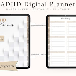 Op de afbeelding: Digitale ADHD-planner op een tablet, met een strak, minimalistisch ontwerp. De planner bevat secties voor planning, schoonmaken en zelfzorg, met de tekst "ADHD Digital Planner" bovenaan. De planner is hyperlinked, bewerkbaar en printbaar.