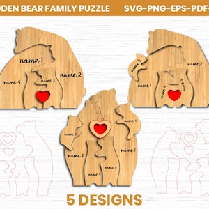 May include: Wooden bear family puzzles in five designs. Each puzzle features a bear family with a heart-shaped cutout. The puzzles are made of wood and have spaces for names. The image includes the text "WOODEN BEAR FAMILY PUZZLE" and file type options.