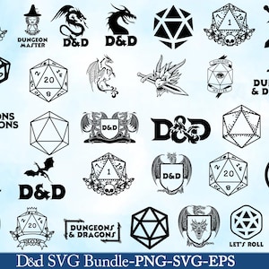 Puede incluir: Un conjunto de gráficos en blanco y negro con temática de Dungeons & Dragons. Incluye dados, dragones, espadas y elementos de texto como "D&D", "Dungeon Master" y "Let's Roll". Ideal para proyectos de manualidades.