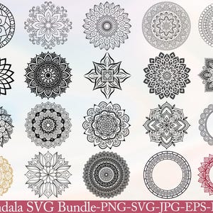 May include: A collection of twenty mandala designs in various styles, including floral and geometric patterns. The mandalas are in black and white, with one in gold and another in red. The text "Mandala SVG Bundle" is at the bottom.