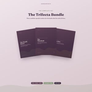 May include: A set of three dark purple trackers titled The Trifecta Bundle, featuring the individual booklets The Steady Hours, The Threshold, and The Give. The text includes POTS, MCAS, HEDS, 60 PAGES TOTAL, and SAVE 22% on a light background.