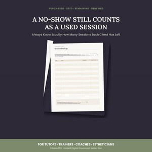Könnte beinhalten: Eine digitale Vorlage für ein Sitzungsprotokoll auf dunklem Hintergrund. Das Dokument enthält eine Tabelle mit Spalten für Datum, Notizen, Sitzungen und Restguthaben. Der Text lautet: A NO-SHOW STILL COUNTS AS A USED SESSION. Always Know Exactly How Many Sessions Each Client Has Left.