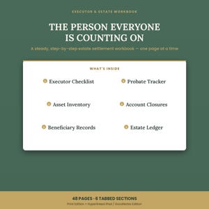 Op de afbeelding: Een Executor & Estate Workbook getiteld The Person Everyone Is Counting On. De groene omslag bevat een lijst met inhoud zoals Executor Checklist, Probate Tracker, Asset Inventory, Account Closures, Beneficiary Records en Estate Ledger.