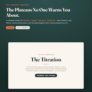 May include: A digital tracker document titled The Plateaus No One Warns You About and The Titration. This 18-page GLP-1 treatment companion includes logs for dose titration, side effects, muscle preservation, food noise, and pharmacy navigation.