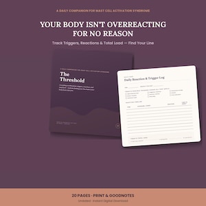 Peut inclure: Un cahier d'exercices violet foncé intitulé The Threshold, un compagnon quotidien pour le syndrome d'activation mastocytaire, avec une page blanche de journal des réactions et déclencheurs. Texte : Your body isn't overreacting for no reason.