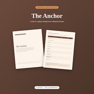 以下が含まれることがあります： The Anchor: A Grief & Logistics Workbook for Widowed Parentsというタイトルのデジタルワークブック。表紙とKey Contacts & Support Circleのページが含まれており、名前や番号を記入する欄があります。PDFおよびGoodnotes形式で全21ページです。