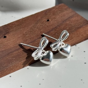 Bow Heart Drop Earrings|925 Sterling Silver Bow DropEarrings|Dainty Heart Earrings|Minimalist Silver Studs|Gift for Her|Everyday Jewelry