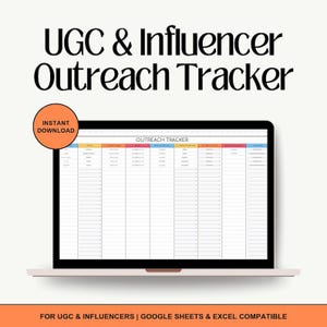 Könnte beinhalten: Ein Laptop zeigt eine Tabelle mit dem Titel "Outreach Tracker". Der Bildschirm zeigt eine Tabelle mit verschiedenen Spalten. Über dem Bildschirm steht der Text "UGC & Influencer Outreach Tracker". Ein orangefarbener Kreis mit "Sofort-Download" befindet sich oben links. Das untere Banner lautet "FOR UGC & INFLUENCERS | GOOGLE SHEETS & EXCEL COMPATIBLE."