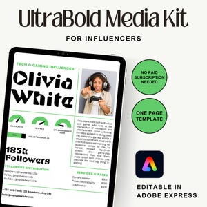 May include: A digital media kit template for influencers, showcasing a tech and gaming influencer profile. The design includes a photo, follower statistics, and service rates. The kit is editable in Adobe Express.
