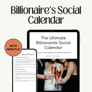 Könnte beinhalten: Werbung für einen digitalen Social Calendar mit dem Titel "Billionaire's Social Calendar". Das Bild zeigt ein Tablet und ein Telefon, auf denen Kalenderinformationen angezeigt werden. Das Bild zeigt auch ein Foto von Personen, die Champagnergläser halten.