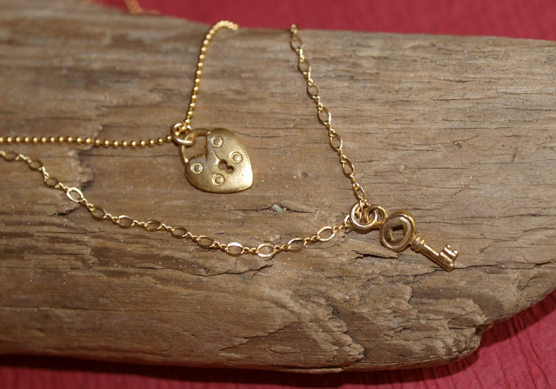 Double Strand Heart Lock and Key Necklace Etsy