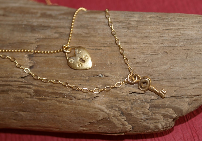 Double Strand Heart Lock and Key Necklace | Etsy