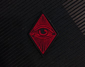 All seeing eye patch, red illuminati eye, diamond embroidered velcro, conspiracy morale patch