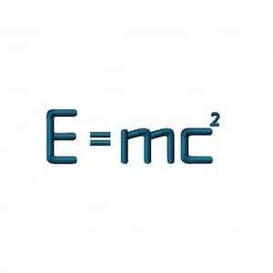 May include: Embroidered design of the equation E=mc², in teal blue thread on a white background. The formula for mass-energy equivalence is displayed prominently, with the letters and numbers stitched in a bold, clear font.