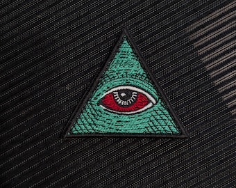 All seeing eye patch, red illuminati eye, diamond embroidered velcro, conspiracy morale patch