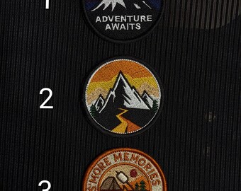 Adventure awaits patch, mountain sunset, embroidered velcro, hiking camping morale