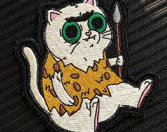 Caveman Cat Patch, Kitty with Spear Embroidered Badge, Stone Age Animal Tactical Morale Patch, Funny Prehistoric Pet Accessory